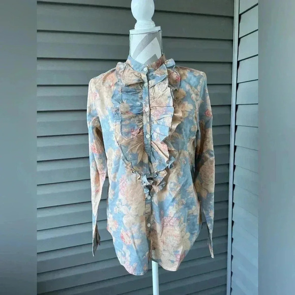 LRL Lauren Jeans Co. Floral Ruffle-Trim Blouse Sz M - Picture 1 of 10